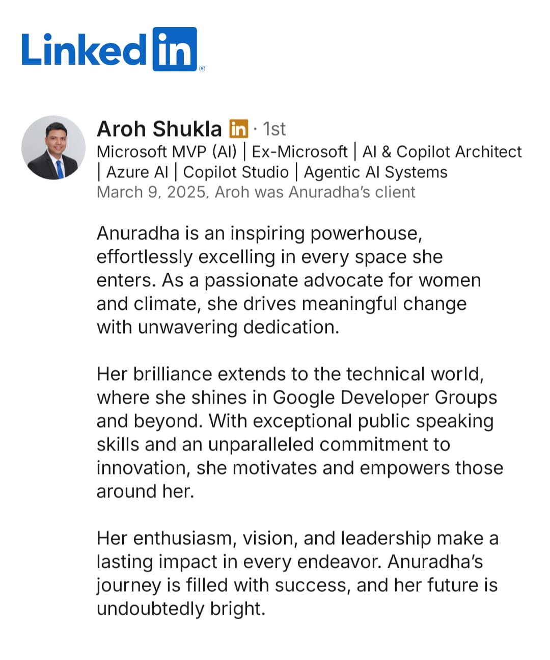 LinkedIn recommendation from Aroh Shukla