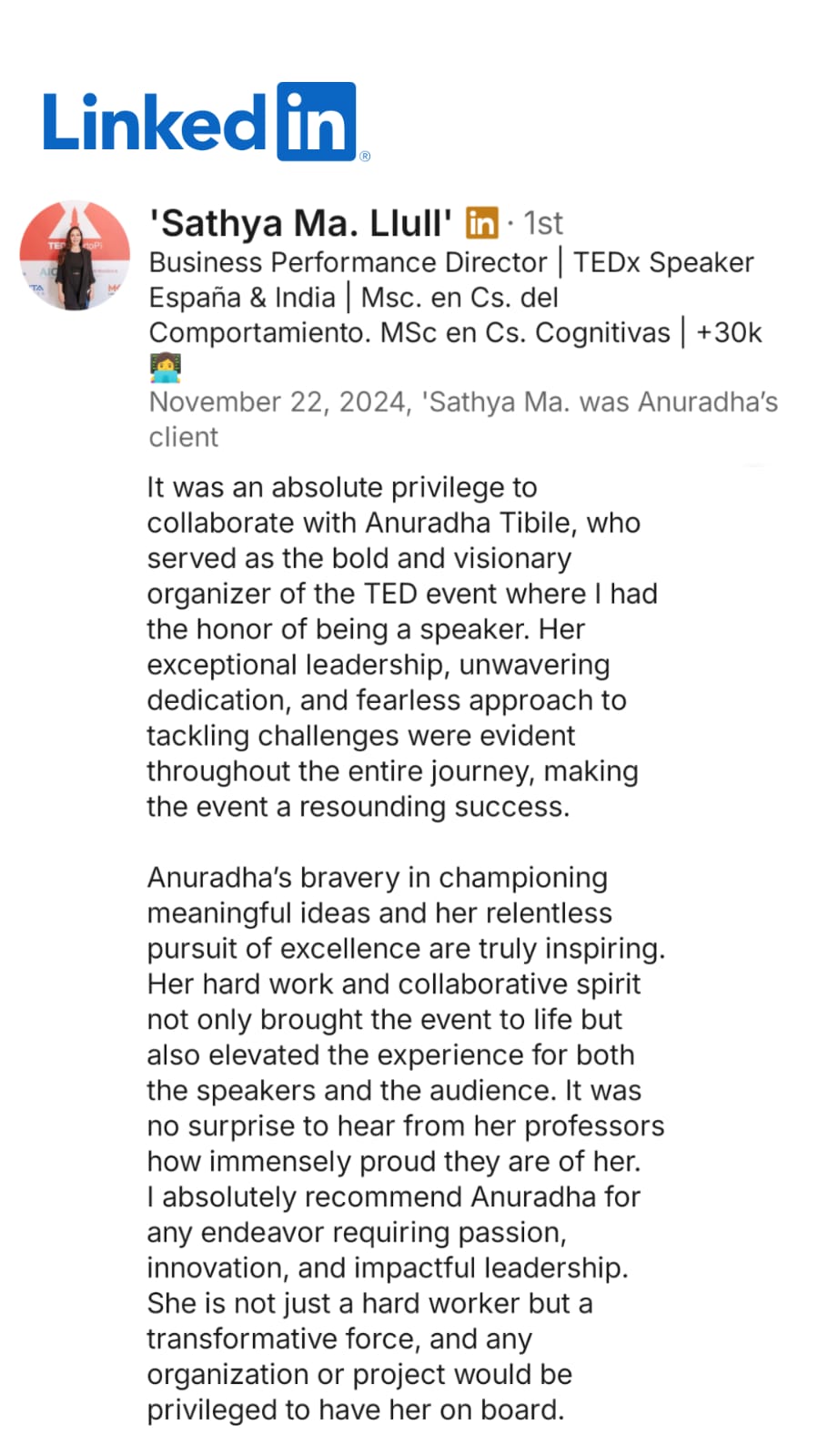 LinkedIn recommendation from Sathya Ma. Llull