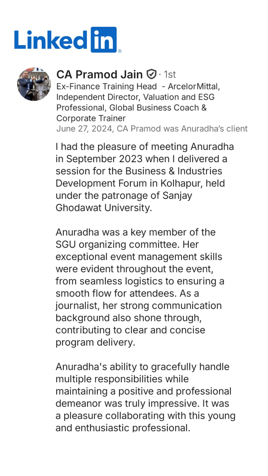 LinkedIn recommendation from CA Pramod Jain