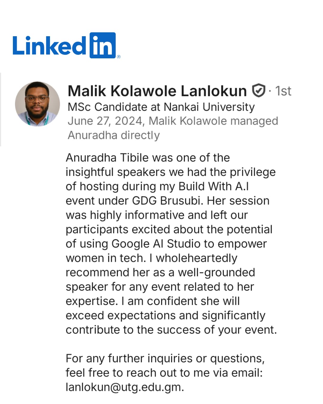 LinkedIn recommendation from Malik Kolawole Lanlokun