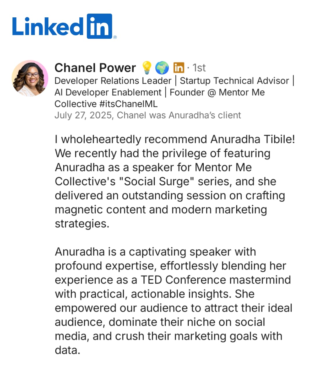 LinkedIn recommendation from Chanel Power