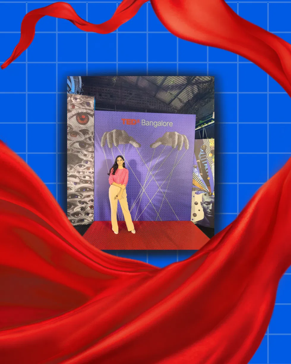 Solo portrait at the giant-hands backdrop